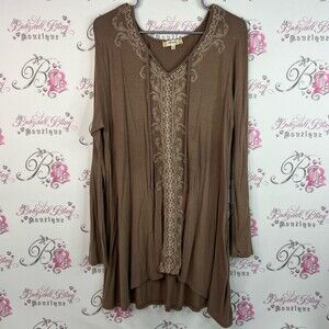 Araza dress or long top lace detail floral Chic Brown Embroidered Tunic Top